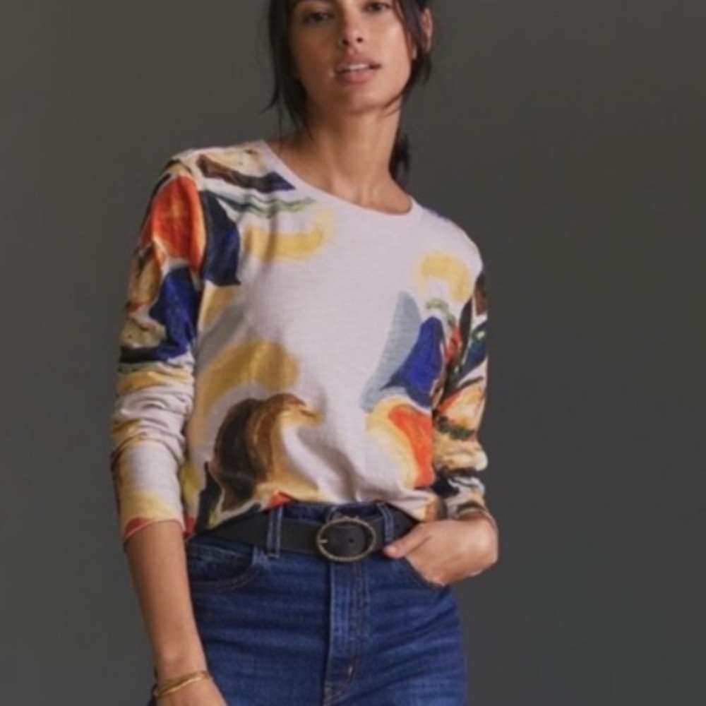 Anthropologie Watercolor Long Sleeve Cotton Slub Tee S